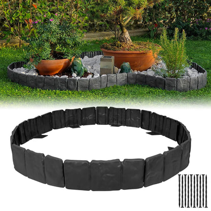 Garden Edging Border NO DIG, with Landscape Edging Anchoring Spikes, Black Stone Effect Plastic Lawn Edging Fencing, Interlocking Yard Lawn Edging for Flower Bed | 16 Ft | 20Pcs | Black |