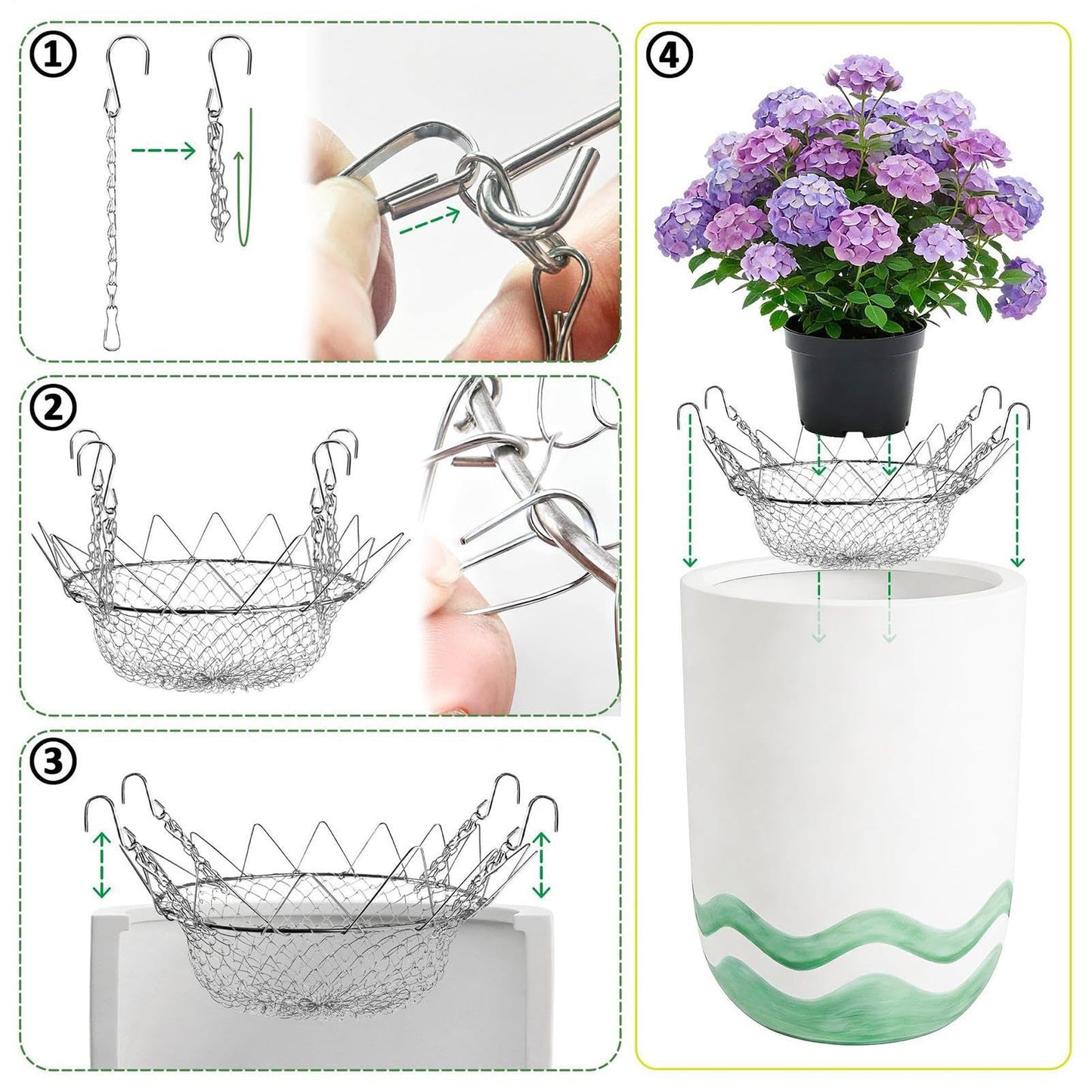 Adjustable Planter Insert - Stainless Steel Rustproof Pot with Hanging Chains | Heavy Duty Expandable Plant Filler, Durable Mesh Base, Easy Lift Design & Secure Placement for Indoor Outdoor Flowers Po