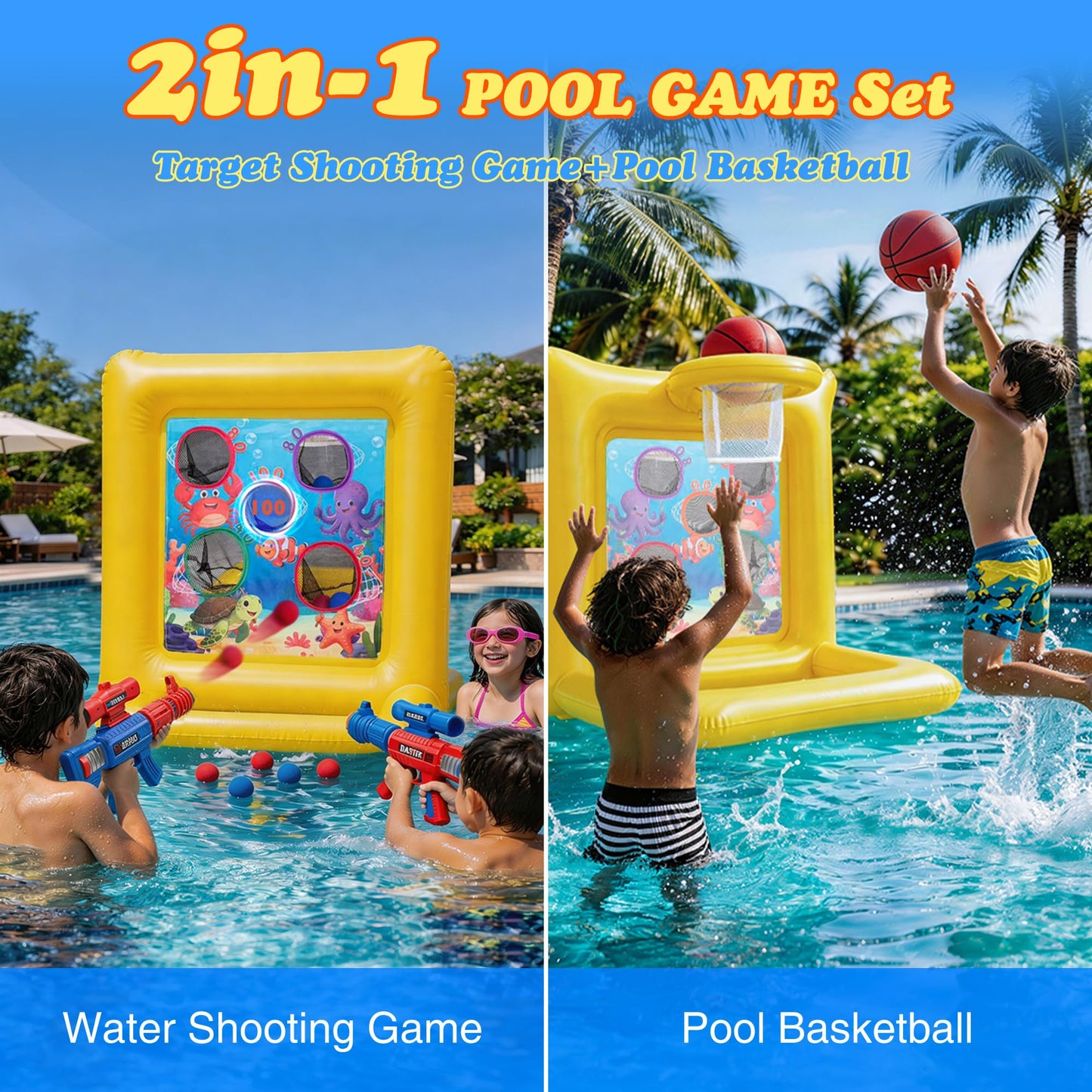 Gerosi Pool Toys for Kids & Adults, 2-in-1 Shooting Target Game & Pool Basketball Hoop, Family Pool Toy for Summer Swimming Pool Games, Pool Party Games and Backyard Fun