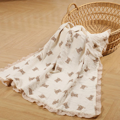 100% Organic Cotton Muslin Baby Blanket Flounce Edge Large 50"x43" Teddy Bear, Soft Breathable Toddler Quilt Crib Blankets Gender Neutral for Baby Boys and Girls Bassinet, Bed, Stroller & Snuggling