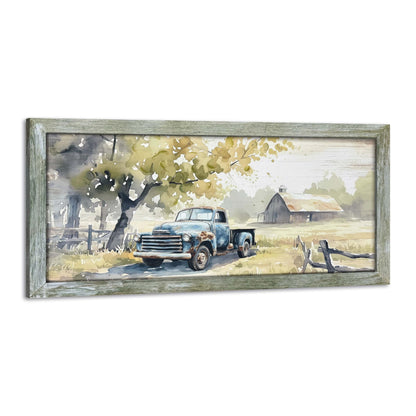 Framed Rustic Barn Wall Art: Large Farm Wooden Country Farmhouse Truck Painting Picture Old Car Countryside Field Landscape Print Artwork for Living Room Bedroom Home Office Decor 48" x 24"