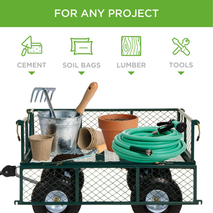 Best Choice Products Utility Garden Cart Wagon for Lawn, Yard w/Heavy-Duty Steel 400lb Weight Capacity, Removable Sides, Long Handle, 10in Tires - Green