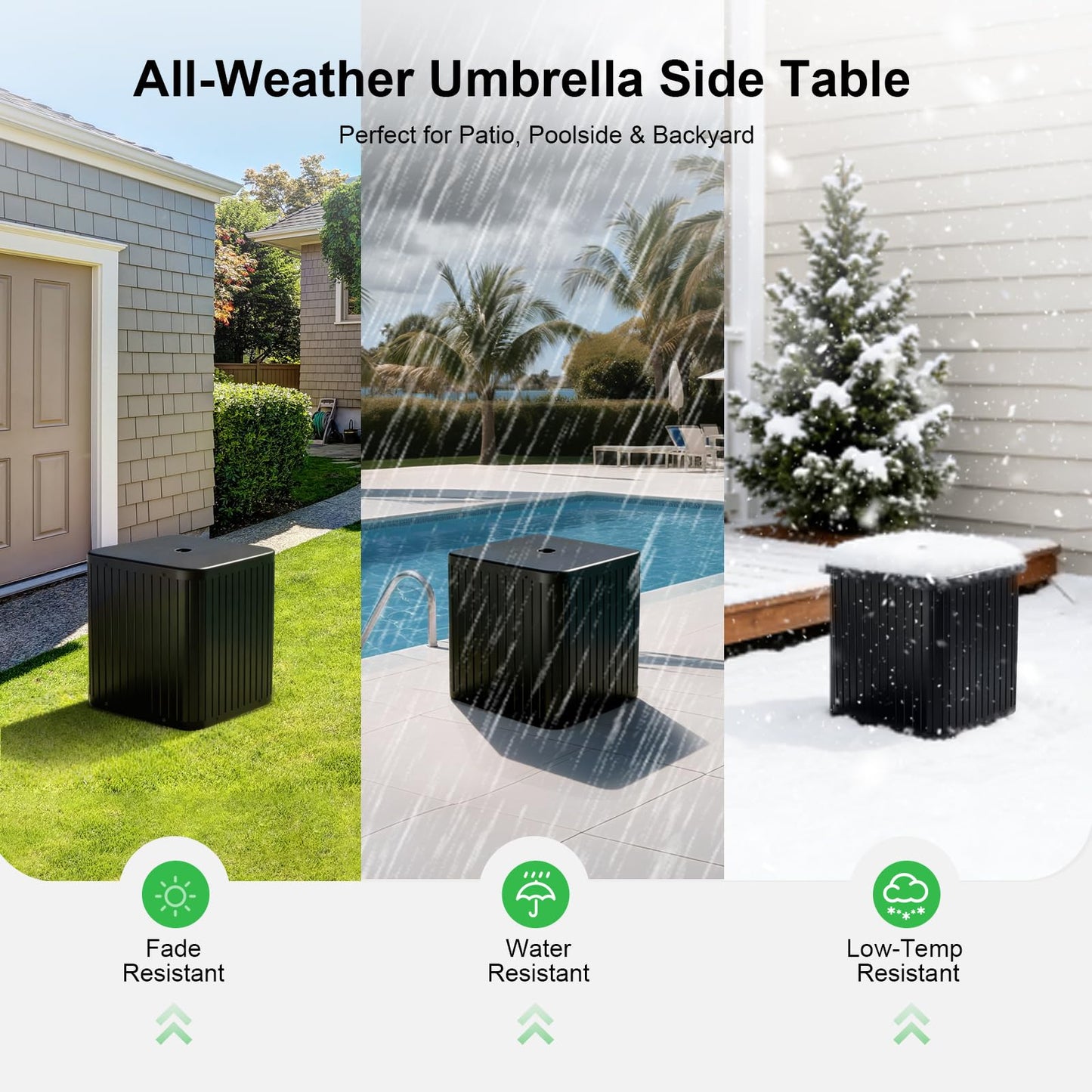 Umbrella Side Table with Hole, Fit Up to 1.5" Poles, Heavy Duty Fillable Base, 132 lbs Capacity, 2 in 1 Outdoor Patio Side Table for Patio Porch Deck Balcony Poolside, Easy Assembly, Modern Style