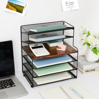 OPNICE 6-Tier Letter Tray Paper Organizer, Desk Organizers and Accessories, Desktop File Organizer, Office Desk Accessories for Office Supplies (Wood Brown)