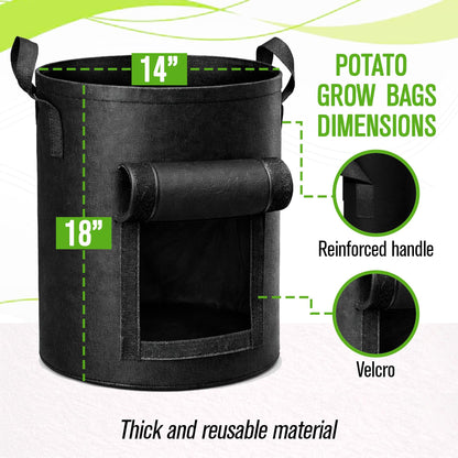 SunVara 10 Gallon Grow Bags, 5 Pack - Breathable Fabric Plant Pots with Handles & Harvest Window for Potatoes, Tomatoes, Vegetables
