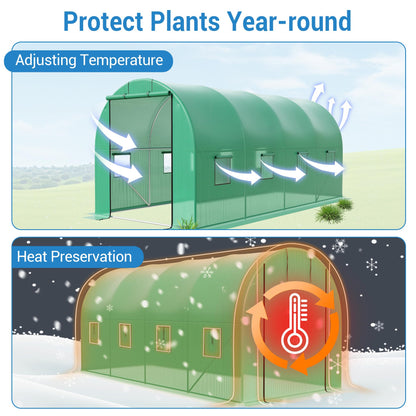 15x7x7 ft Walk-in Greenhouse for Outside - Heavy Duty Galvanized Steel Hoop House with PE Cover, 8 Windows & Roll-Up Door - Outdoor Plant Tunnel for Gardening, Vegetables & Year-Round Growing
