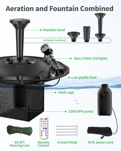 POPOSOAP Floating Fountain with LED Lights, Pond Fountain and Aerator Complete Kit with 1200GPH Water Pump 30FT Power Cord, 3 Spray Styles for Ponds, Pool, Lakes & Water Gardens P145