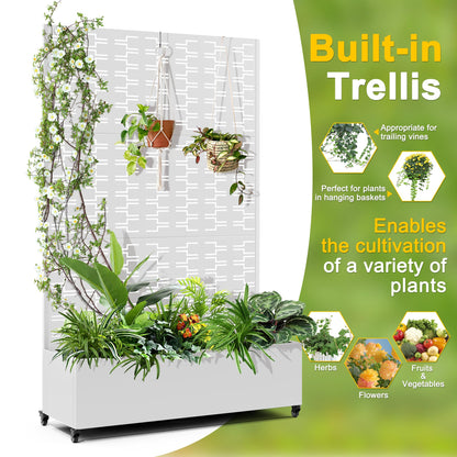 FENCY Metal Raised Garden Bed with Wheels and Trellis,73"x47"x16" Planter Box for Climbing Plants, Vegetables & Vines, Features Privacy Screen and Drainage Holes (White-Brick)