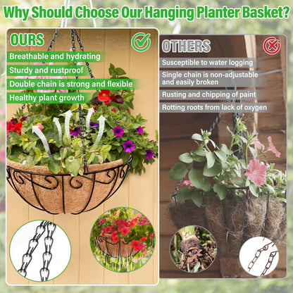 Legigo 6 Pack 10 Inch Metal Hanging Baskets for Plants Outdoor- Round Wire Hanging Planters Basket with Coconut Coir Liner, Hanging Flower Pot for Outdoor Plants Flowers Garden Decorations