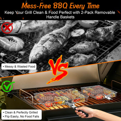Grill Baskets for Outdoor Grill, 2PCS BBQ Grilling Basket with Removable Wooden Handle, Stainless Steel Camping Cooking Grill Accessories for Meat Fish Vegetable Seafood, Gifts for Men Dad Husband