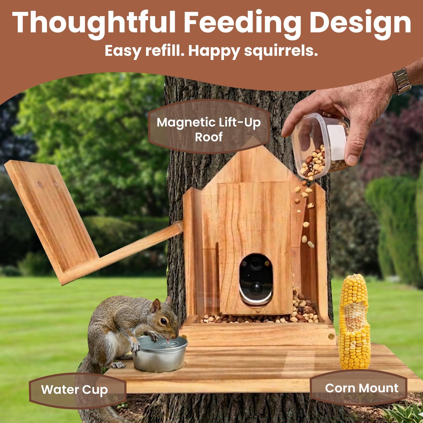FAUBIC Squirrel Feeder with Camera - Includes Solar Powered Panel - Burned Pine Squirrel House with Anti-Chew Cable Protector - Smart Squirrel Feeder 160° HD Night Vision - 2.4Ghz WiFi Squirrel Camera