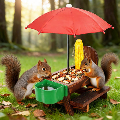 Vigormar Squirrel Feeders for Outside, Squirrel Picnic Table with Water Bowl, Corn Cob Holder and Umbrella, Squirrel Feeder with Ground Stake for Garden, Yard and Outdoor(Dark Brown)
