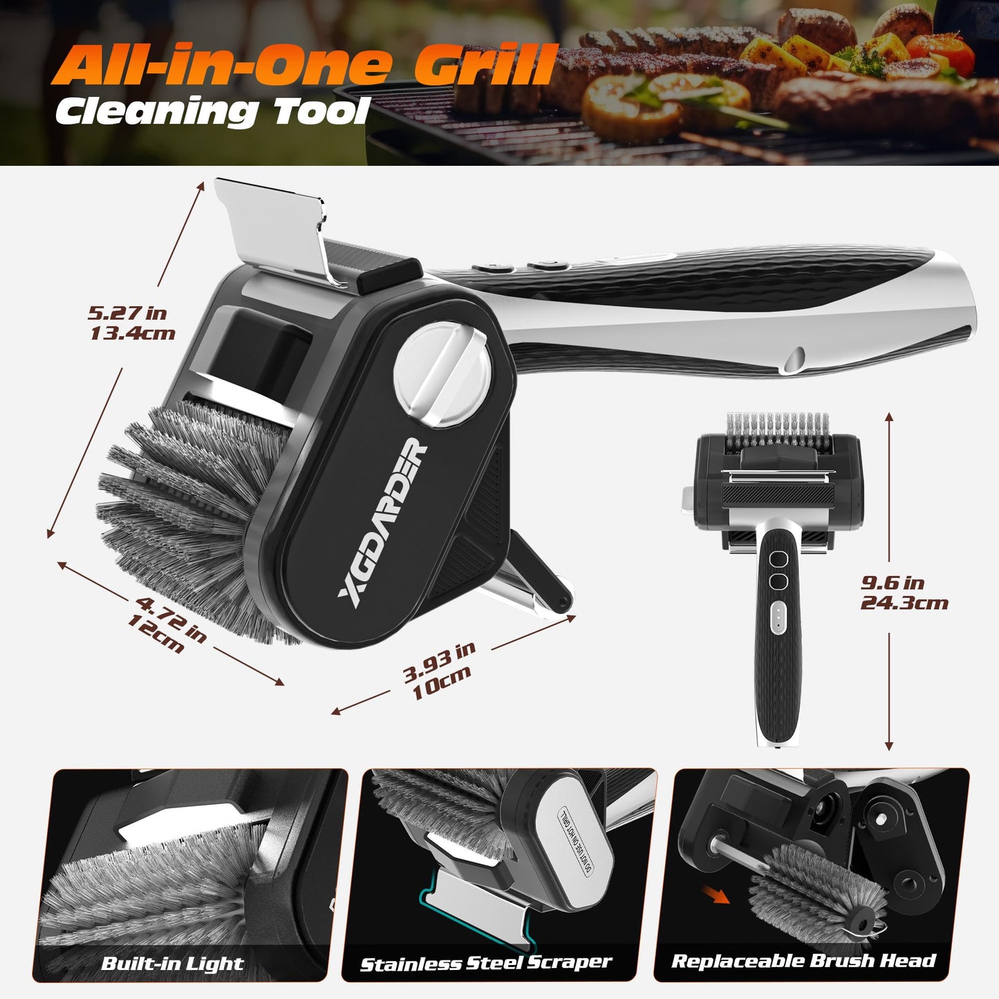 Electric Grill Brush for Outdoor Grill, Rechargeable BBQ Grill Cleaner Stainless Steel Brush with 450RPM Stainless Roller,LED Light, Scraper,Grilling Gifts for Men/Dad