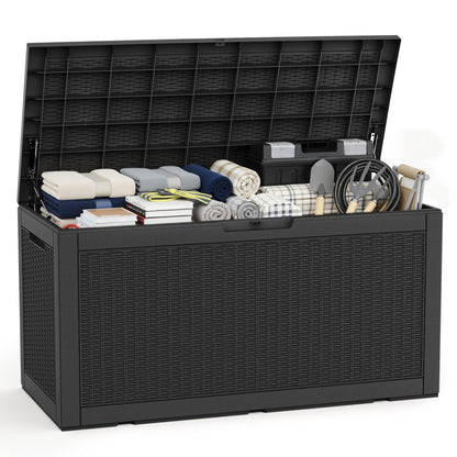 EasyUp 120 Gallon Waterproof Deck Box, Lockable Resin Outdoor Storage Box, Durable Storage Bin with Reinforced Hydraulic Rod for Patio Furniture, Garden Tools, Pool Accessories, Indoor Cushion, Black
