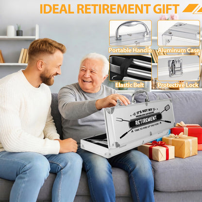 Retirement Gift for Men BBQ Grill Tools Set with Spatula Fork Tongs Brush Apron Heavy Duty Stainless Steel Grilling Accessories in Aluminum Case Retired Gifts for Dad Grandpa Coworker Teacher Boss