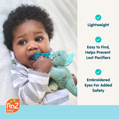 RaZbaby JollyPop Pacifier, Holder w/Detachable Baby Pacifier, Stuffed Animal RaZbuddy, All Ages 0M+, 100% Medical Grade USA Made Silicone, Machine Washable, Textured & Easy to Hold – Lab