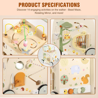 Pithfor Wooden Activity Cube Push Walker, Wooden Baby Walker, Montessori Push Toys for Babies Learning to Walk & Sit-to-Stand