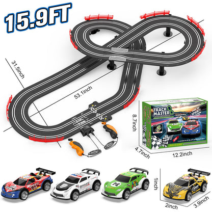 3-in-1 Slot Car Race Track Sets with 4 High-Speed Cars, Electric Track, Dual Racing Game with Lap Counter & 2 Controllers, and Circular Overpass Design – Toy Gift for Boys Kids Ages 4-6 6-8 8-12