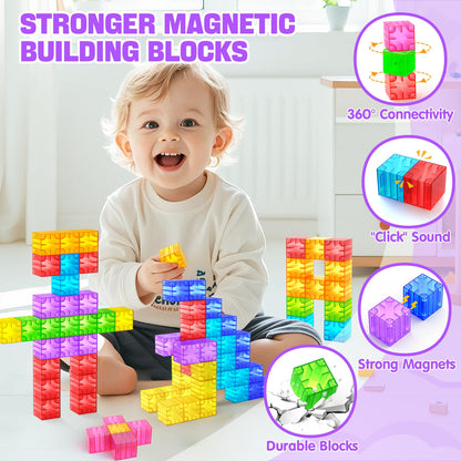 Feoxialy Magnetic Blocks - 52pcs Translucent Magnetic Cubes, Digit Building Blocks Magnet Toys for Kids, Rainbow STEM Creativity Toys 3+ Year Old Boys & Girls Toddlers Kids Christmas Birthday Gifts
