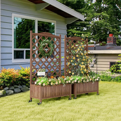 ScienGarden Upgraded 2-Pack 50" Tall Trellis Planter Box with Wheels, 49.8"H × 27.6"W × 13.0"D Solid Fir Wood Raised Garden Bed & Lattice Privacy Screen, Rolling Planter with Drainage for Patio/Garden