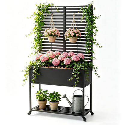 Metal Planter with Trellis for Outdoor,Elevated Rust-Proof Raised Garden Bed with Legs & Wheels,70" Privacy Planter for Climbing Plants & Flowers,Outside Movable Raise Box for Patio,Black (Black)