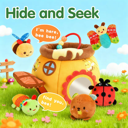 Thremhoo Baby Toys 6-12 Months - Soft Beehive with 5 Stuffed Animals, Rattle, Crinkle, Mirror, Montessori Sensory Toys for Babies 6 7 8 9 10 Months Old Baby Boy Girl Shower Gifts Ages 0-2