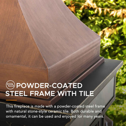Sunjoy Outdoor Fireplace, Stone Look Tile Patio Wood Burning Steel Fireplace with Chimney, Spark Screen, Fire Poker, Rain Cover, and Removable Grate, Copper with Gray Tile