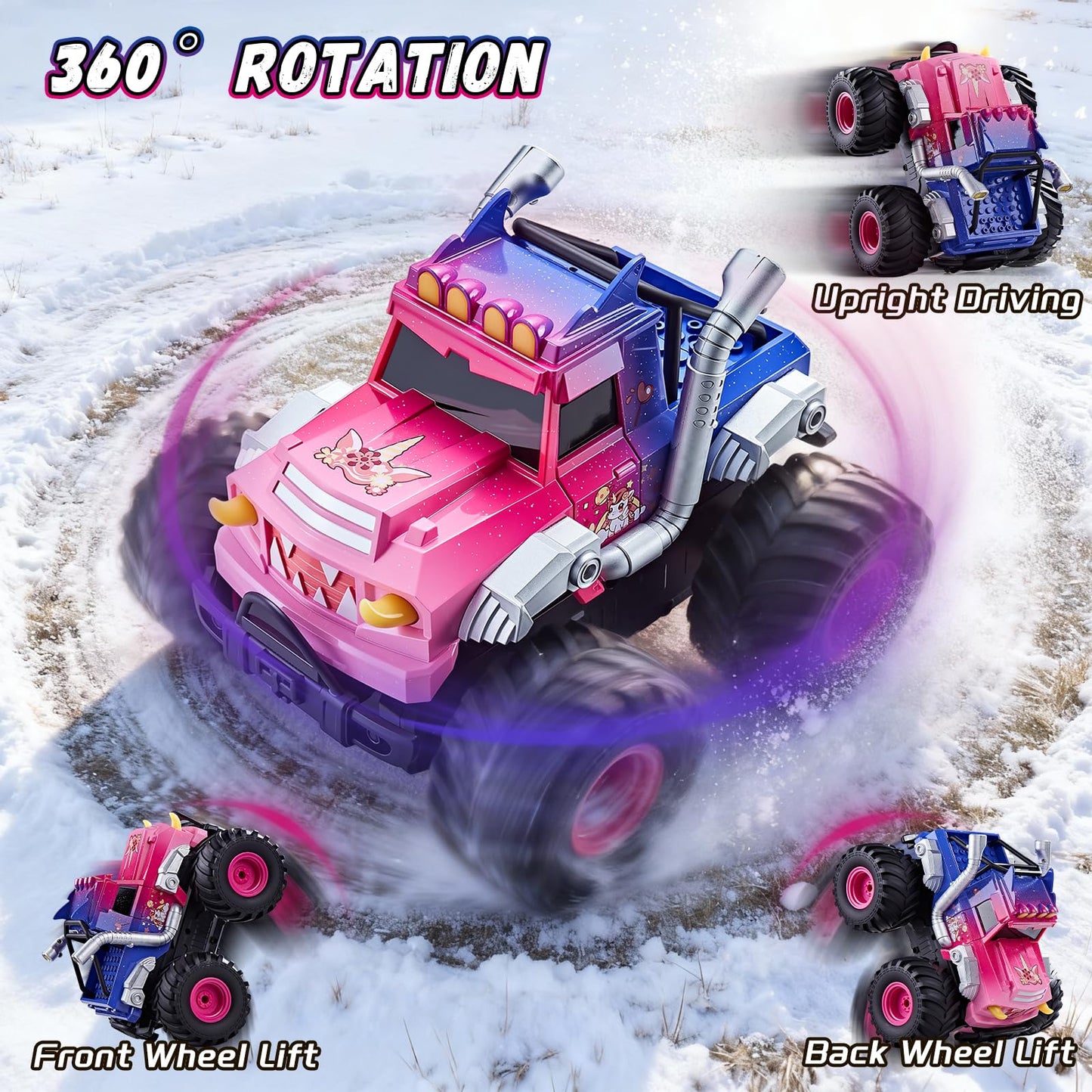 YEESWOOQI Remote Control Car for Girls, Waterproof Pink Monster Truck Toys W/Blocks & 360°Spin, 1:18 Amphibious RC Cars, 4WD All-Terrain Off-Road RC Trucks, Birthday Gifts Pool Toys for Kids Age 3-12