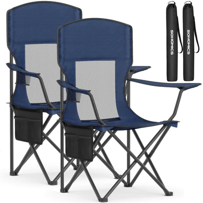 SONGMICS Breathable Camping Chairs, Foldable Outdoor Chairs Set of 2, High Back, Adjustable Armrests, Drink Holder, Weight Capacity 330 lb, for Sports Garden Backyard, Harbor Blue UGCB028Q01