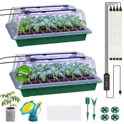 Seed Starter Tray with Grow Light, 2 Pack 80-Cell Seedling Starter Kit with Smart Timer & Humidity Dome, Indoor Plant Germination Kit with 100pcs Nursery Bags & 2-in-1 Sprinkler for Seed Starting