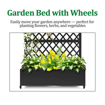 Metal Raised Garden Bed with Trellis and Wheels, 2 in 1 Trellis with Planter Box & Privacy Screen for Climbing Plants, Outdoor Standing Flower Beds with Drainage Holes, 47.2''L×15.7''W×70.9''H, Black