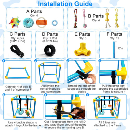 LemSen Puppy Play Gym with 8 Hanging Toys - Indoor Jungle Gym for Small Dogs, Interactive Enrichment Activity Center for Puppies, 19.5" PVC Frame with Teething Squeaky Toys to Keep Them Busy