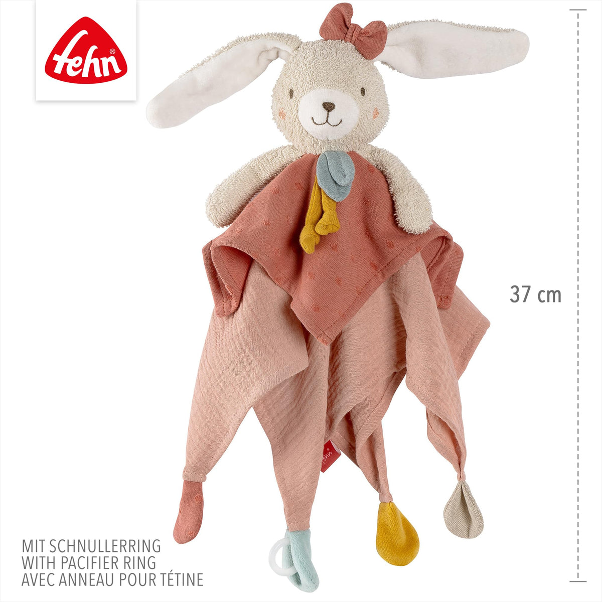 Fehn fehnNATUR rabbit cuddly toy, play companion and soft toy made of organic cotton with dummy chain, for babies and toddlers from 0+ months
