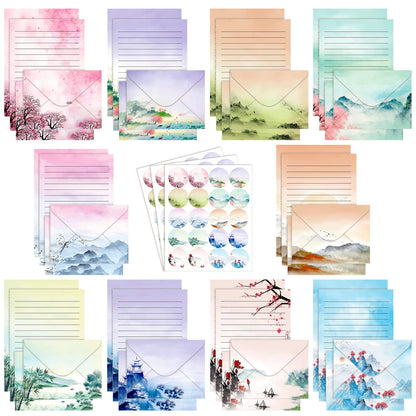 TaoBary 160 Pcs Stationery Paper Set 50 Double Sided Stationery Papers with 50 Matching Envelopes and 60 Round Dot Sticker, 10 Design(Ink Painting,5.5 x 8.25 Inch)