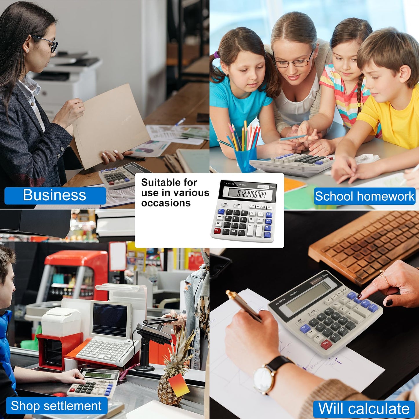 Desk Calculator 12 Digit Extra Large 4.3-Inch LCD Display, Two Way Power Battery and Solar Calculators Desktop, Big Buttons Easy to Press Used as Office Calculators for Desk White