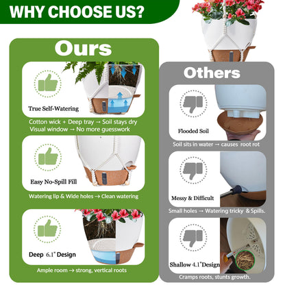 10 Inch Hanging Planters for Indoor Plants, 2 Pack Self Watering Hanging Baskets Flower Pots with Drainage Hole, Visual Reservoir & 2 Kinds of Plant Hanger for Outdoor Garden Home Decor (White)