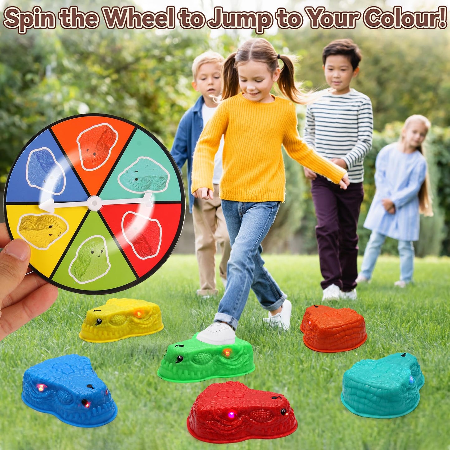 FIIOEOY 6 Pcs Dinosaur Stepping Stones for Kids, Light up Mist Spray & Roaring Non-Slip Balance Stepping Stones with 6 Rechargeable Batteries, Indoor & Outdoor Toys for Toddlers Ages 3-5