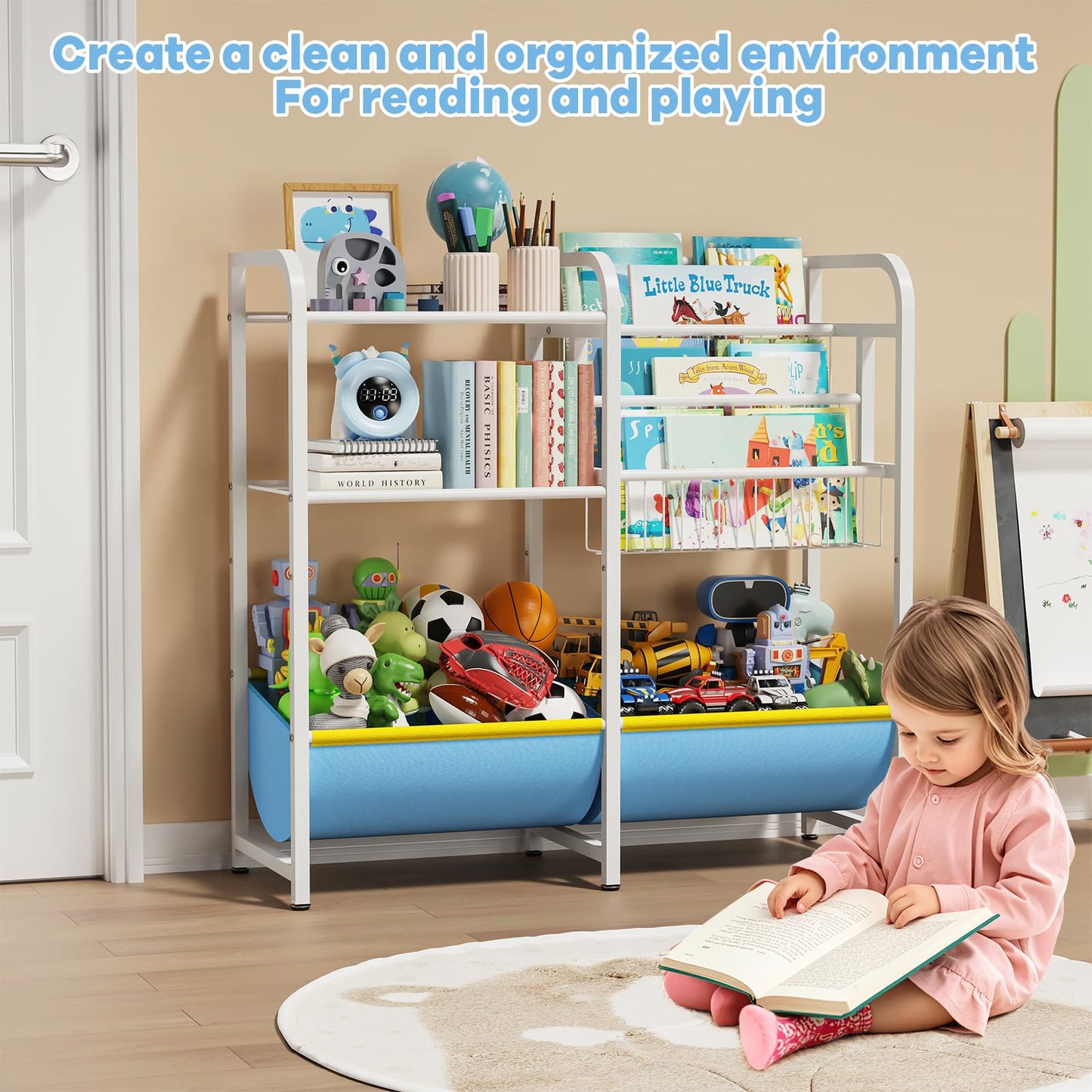 GUIBUKEYAN 3 in 1 Kids Bookshelf and Toy Storage Organizer, Baby Montessori Bookshelf Book Organizer for Kids, Toddler Book Display Shelf Ideal for Classrooms, Playrooms and Nurseries (Light Blue)