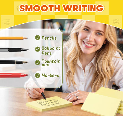 16 Pads Large Sticky Notes Yellow, 3 x 5 Inch Self-Stick Note Pads, 100 Sheets/Pad, Super Sticking Power, Clean Removal, Recyclable Memo Pads for Office, School, Home, and Meetings