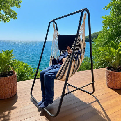 Hammock Chair with Stand,Hammock Chair Stand with Hanging Swing Chair Included,Weather Resistant Hammock Stand Max 450 Lbs,Saving Space Swing Stand for Indoor Outdoor Patio Yard Patented(Coffee)