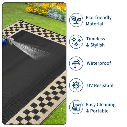 Checkered Outdoor Rug 8x10 Waterproof Modern Bordered Patio Rugs Plastic Straw Rug Large Indoor Outdoor Throw Carpets Reversible Mat for Picnic, Backyard, Rv, Beach, Deck, Camper, Balcony, Black