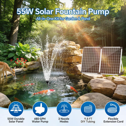 NFESOLAR 55W Solar Fountain Pump, 580GPH Solar Pond Pump with Dry-Run Protection, Foldable Solar Panel, 16.5FT Cord, 10FT Extension Cable, PVC Tubing for Outdoor Ponds, Waterfall, Garden, Hydroponics