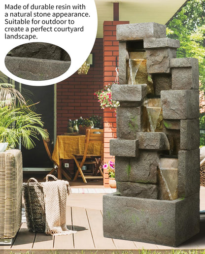 LOTCAIN 48.6" Water Fountain Outdoor Floor-Standing Garden Fountains with LED Lights 3 Tier Modern Waterfall Fountain Decor Rock Fountain for Patio Garden Yard Backyard Porch Home Art Decor, Yellow