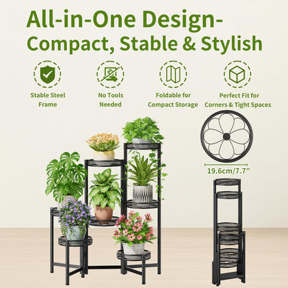 NQW Plant Stand Indoor Outdoor, 7 Tier Large Plant Stand with 7.9-Inch Wide Drainage Tray, Tiered Corner Metal Iron Flower Display Holder Shelf, Folding Tall Rack for Patio Balcony Porch - BlackFlower