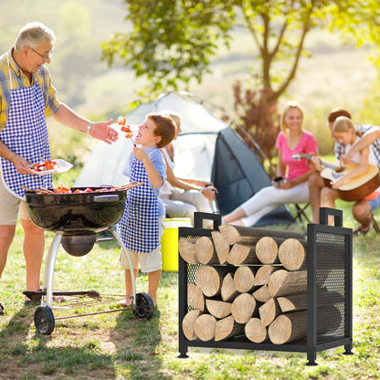 VyGrow Firewood Rack for Indoor, Heavy Duty Fire Wood Racks Holder, 17.32" Metal Wood Storage Log Holder with Leather Carrier, Small Firewood Stand for Fireplace Patio Deck, Black