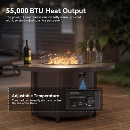 Kullavik 48" Round Propane Fire Pit Table,55000 BTU Auto-Ignitiongas Gas Fire Table with Fire Glass and Lid,Waterproof Cover and Pumice Stone for Patio,Balcony,Garden