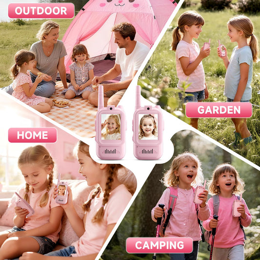 Video Walkie Talkies for Kids, Handheld 2 Pack Rechargeable Video Intercom Kids Walkies Talkies, Indoor Outdoor Toys for Family Games, Outside, Camping, Hiking for Boys Girls Ages 3-12 (Pink/Pink)