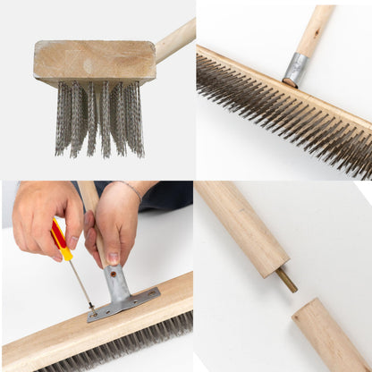 BMart Home Stainless Steel Deck Scrub Brush Broom with Long Handle -Scrubber Brush with Pole, Stiff Metal Bristle Brush for Removing Weed Moss Outdoor Floor Scrub Brush for Patio, Deck, Garden