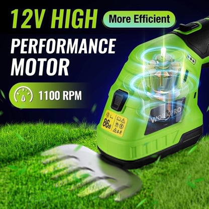 WORKPRO 12V Cordless Grass Shear & Shrubbery Trimmer - 2 in 1 Handheld Hedge Trimmer, Electric Grass Cutter with 2.0Ah Rechargeable Lithium-Ion Battery & 1 Hour Fast Charger