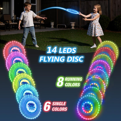 HYES 2 Pack Light up Flying Discs for Kids, Rechargeable Disc with 45 LEDs, 14 Lighting Modes(10")&Built-in Battery Disc(7.8"), Glow in The Dark Ring for Beach/Camping/Outdoor Sport